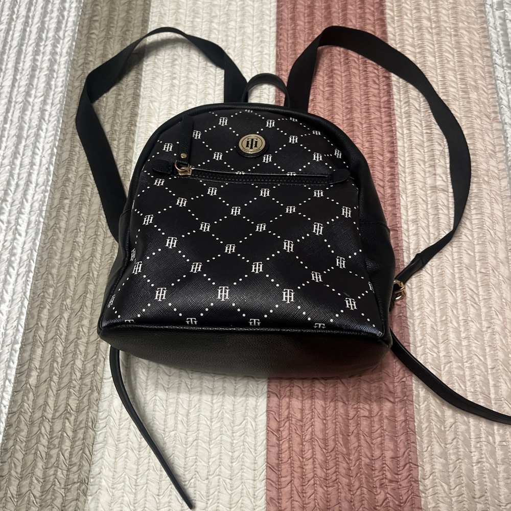 Tommy Hilfiger Womens Mini Backpack Black Logo Faux Leather Designer Bag